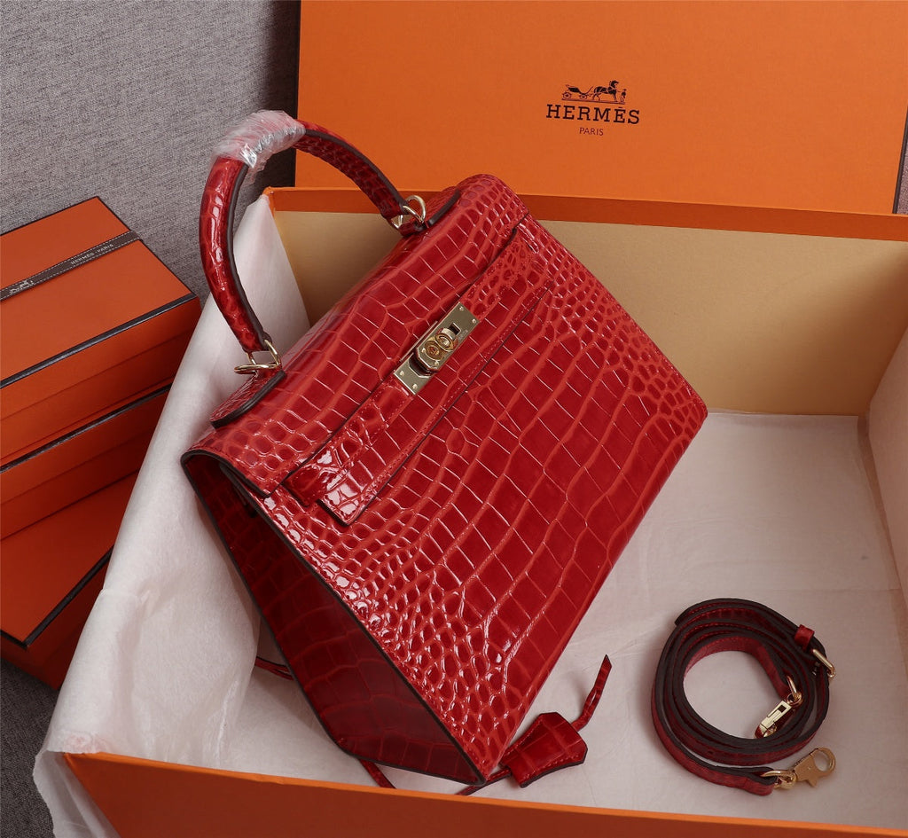 HM KELLY BAG 25 RED CROCODILE EMBOSSED CALFSKIN