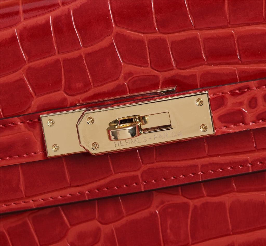 HM KELLY BAG 25 RED CROCODILE EMBOSSED CALFSKIN