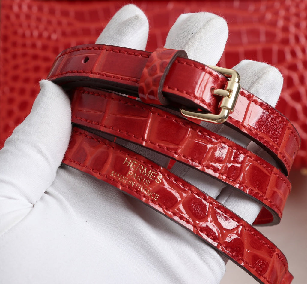 HM KELLY BAG 25 RED CROCODILE EMBOSSED CALFSKIN