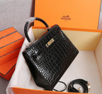 HM KELLY BAG 25 BLACK CROCODILE EMBOSSED CALFSKIN
