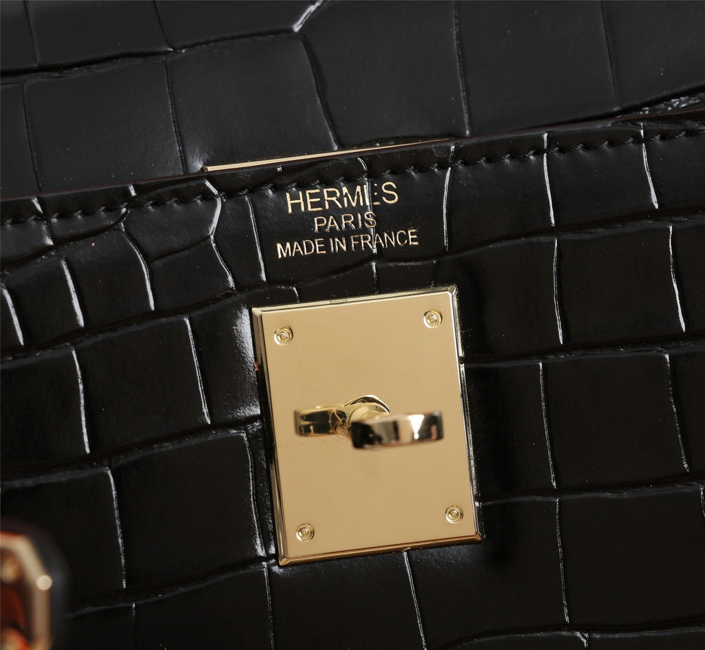 HM KELLY BAG 25 BLACK CROCODILE EMBOSSED CALFSKIN
