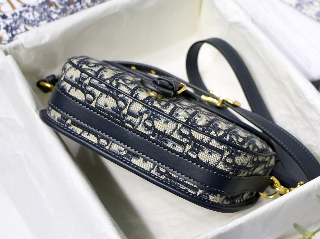 MEDIUM CD BOBBY 22CM BLUE OBLIQUE EMBROIDEDERED CANVAS GOLD HARDWARE