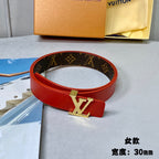 LV INITIALES 30 MM REVERSIBLE BELT IN BROWN MONOGRAM AND CHERRY RED CALFSKIN GOLD HARDWARE