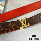 LV INITIALES 30 MM REVERSIBLE BELT IN BROWN MONOGRAM AND CHERRY RED CALFSKIN GOLD HARDWARE