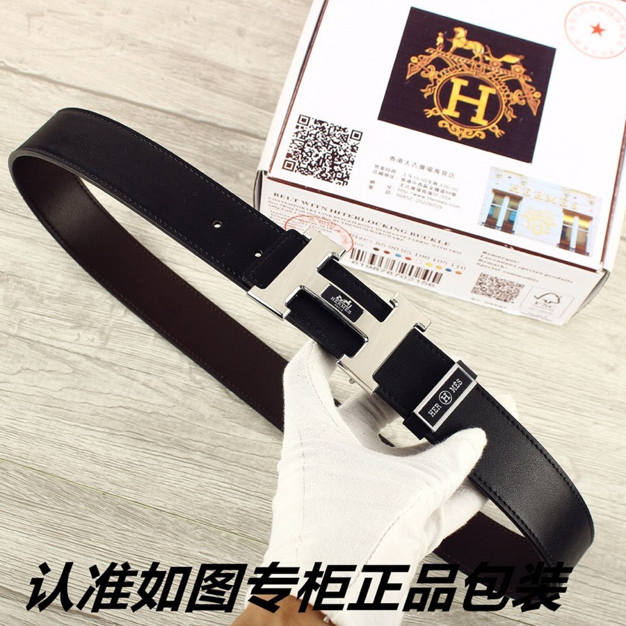 HM Double-sided Belt 38mm Black Cowhide Sliver Buckle 620362