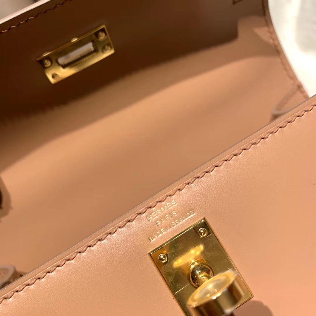 KELLY MINI 20 BAG IN CORAL PINK SMOOTH CALFSKIN WITH GOLD HARDWARE (MADE - TO - ODER)