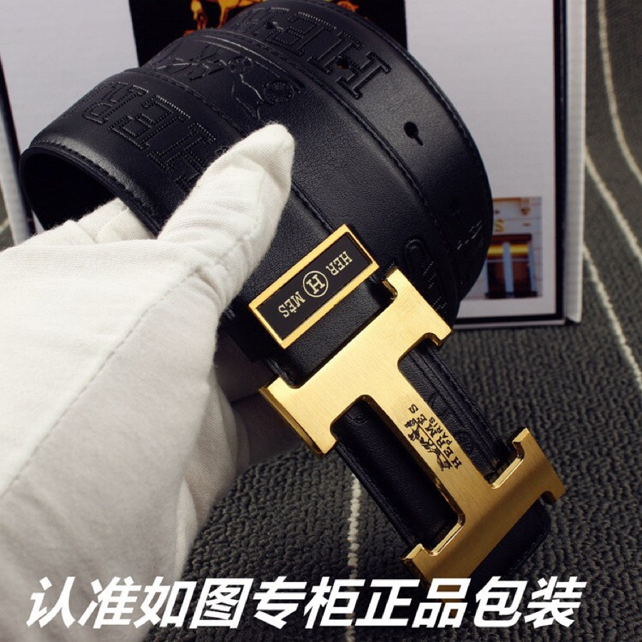 HM   Belt 38mm Black Cowhide Gold Buckle 620273
