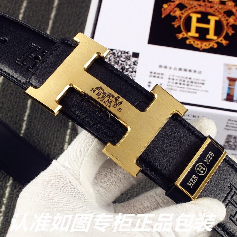 HM   Belt 38mm Black Cowhide Gold Buckle 620273