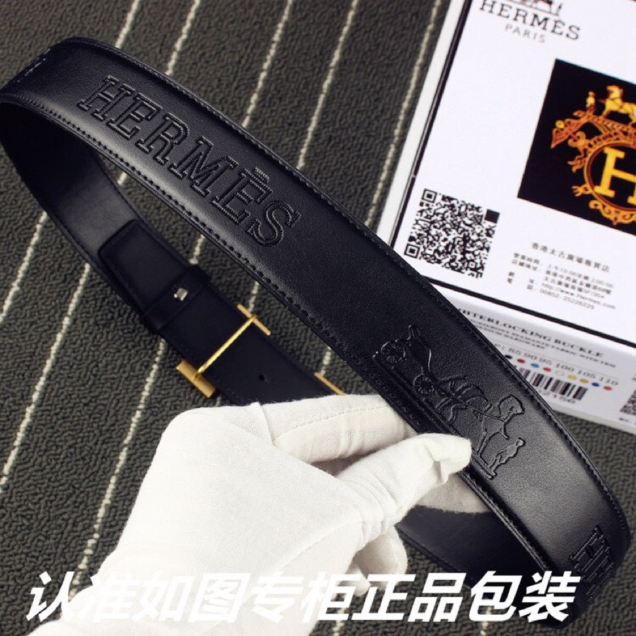 HM   Belt 38mm Black Cowhide Gold Buckle 620273