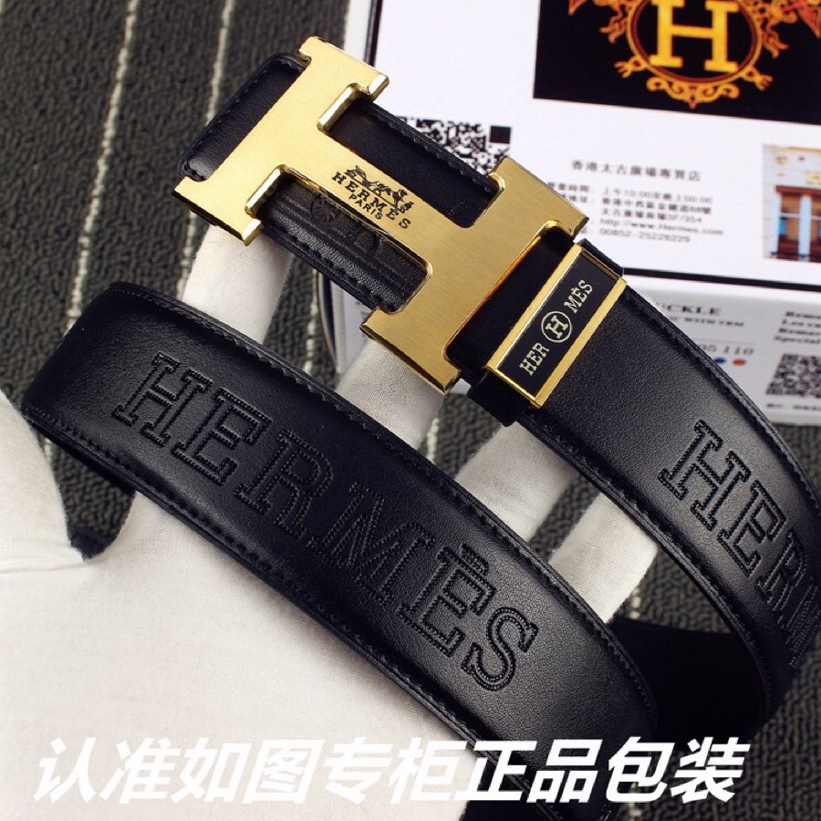 HM   Belt 38mm Black Cowhide Gold Buckle 620273