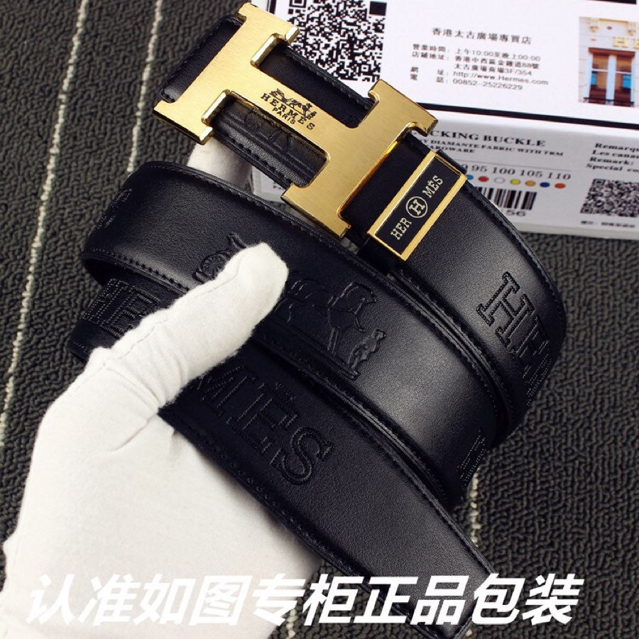 HM   Belt 38mm Black Cowhide Gold Buckle 620273