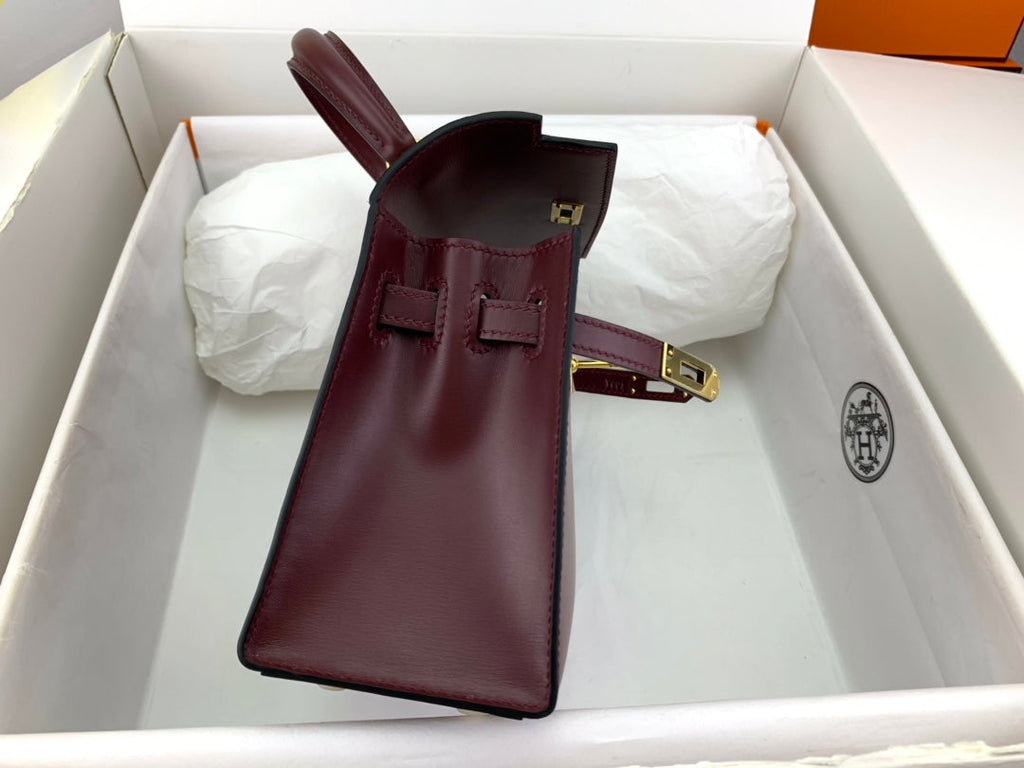 KELLY MINI 20 BAG IN WINE RED SMOOTH CALFSKIN WITH GOLD HARDWARE (MADE - TO - ODER)