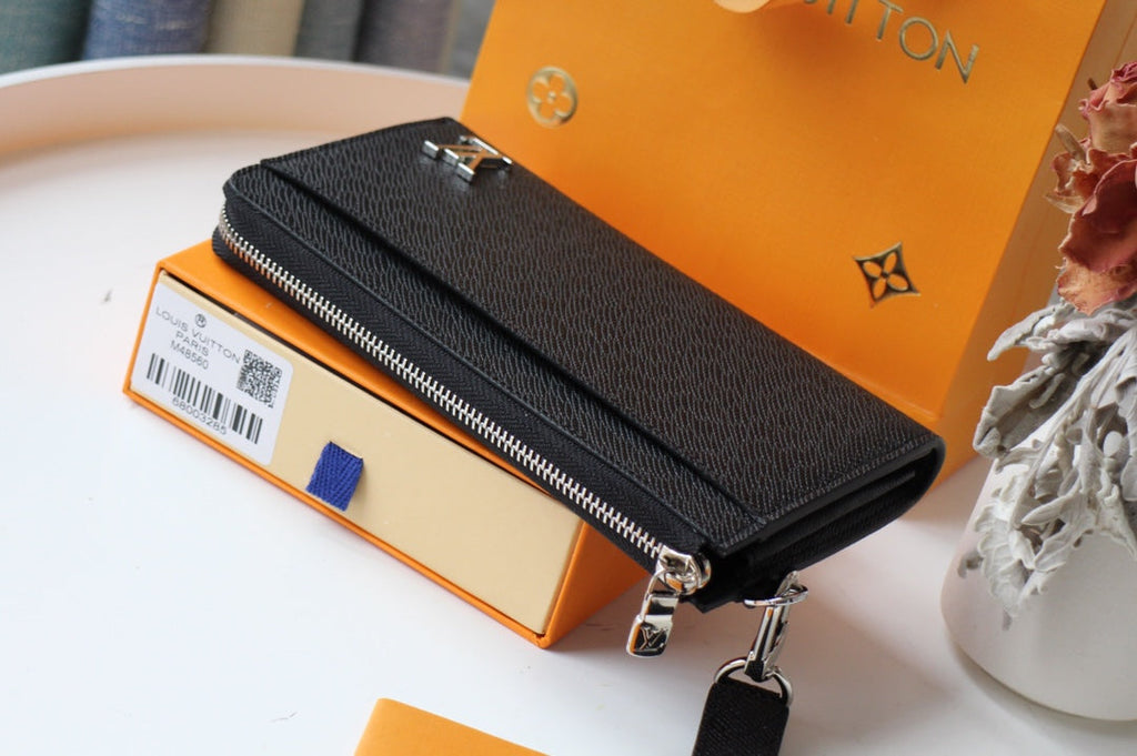 LV Dragonne Zipper Wallet Black Taiga Leather 179404