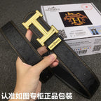 HM Belt 38mm Black Cowhide Leather Gold Diamond Buckle 619513