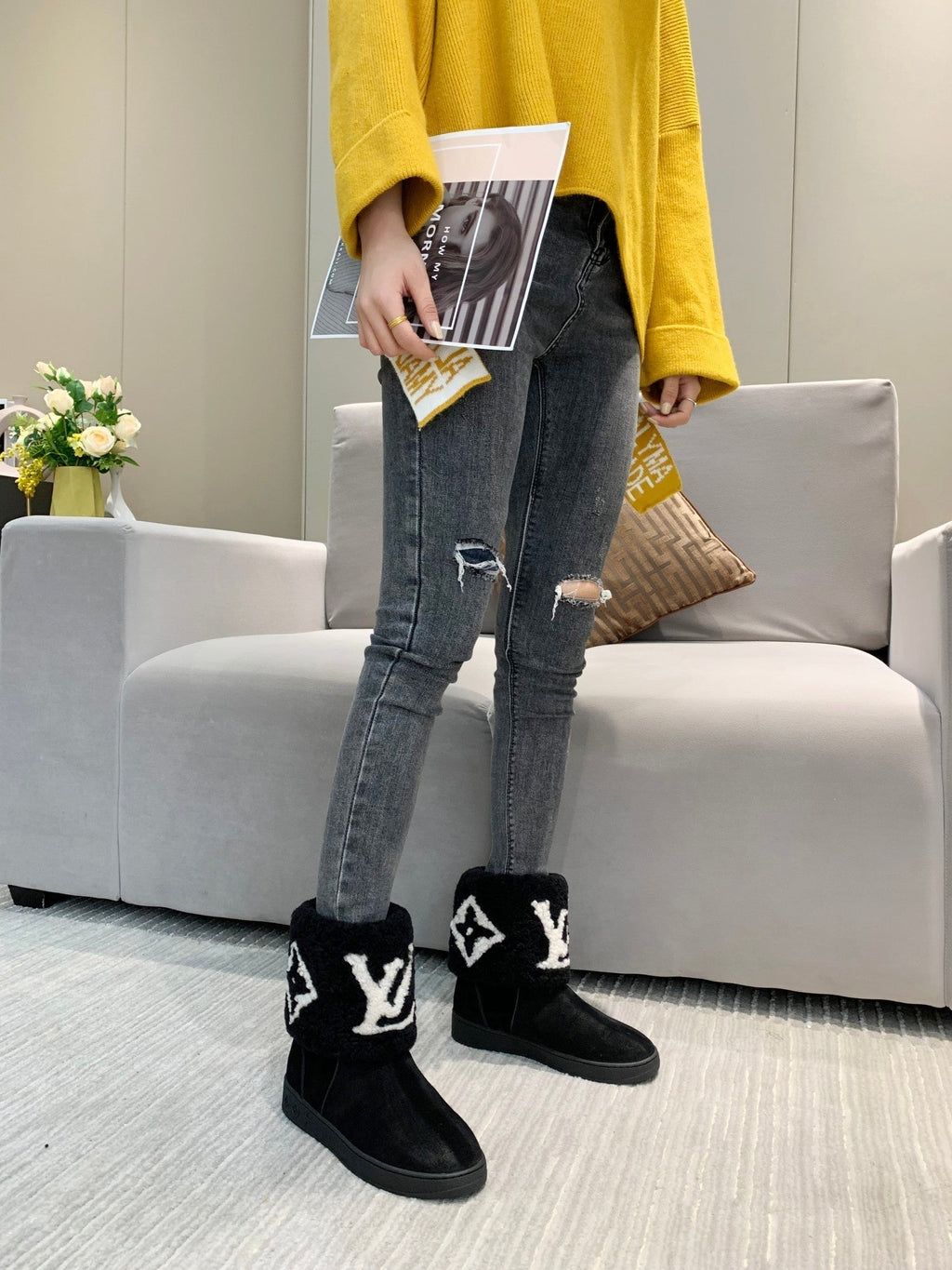 LV Snowdrop Flat Ankle Boot Black Suede Wool 454717