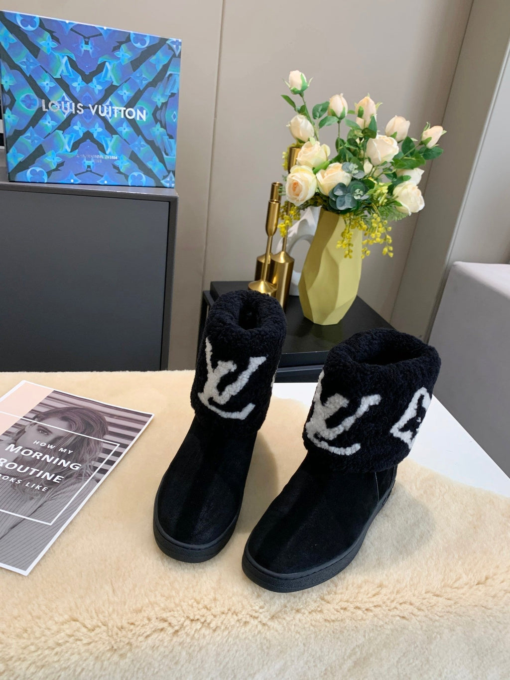 LV Snowdrop Flat Ankle Boot Black Suede Wool 454717