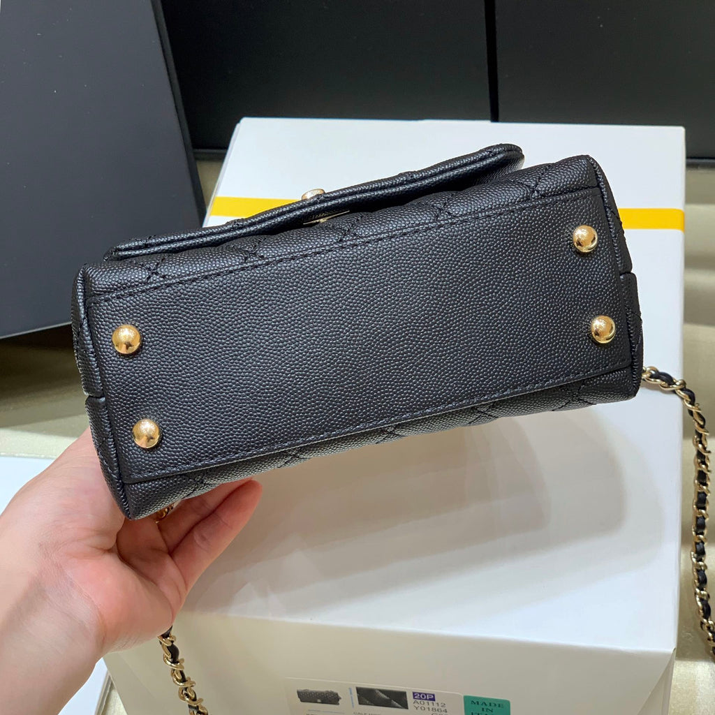 CC 24K Coco Hanle Mini 19cm Black Red Grained Calfskin Gold Hardware
