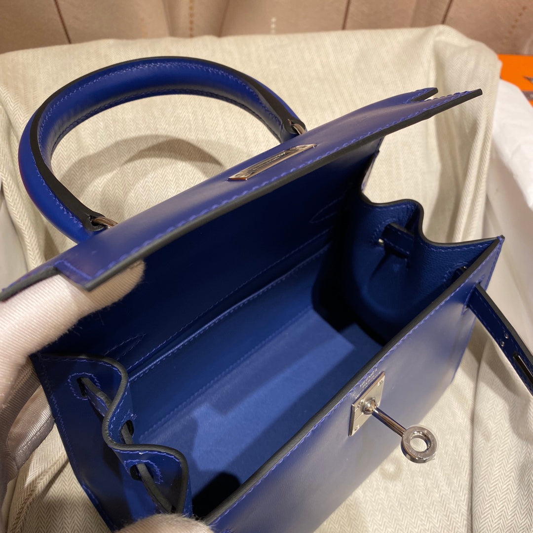 KELLY MINI 20 BAG IN NAVY BLUE SMOOTH CALFSKIN WITH SILVER HARDWARE (MADE - TO - ODER)
