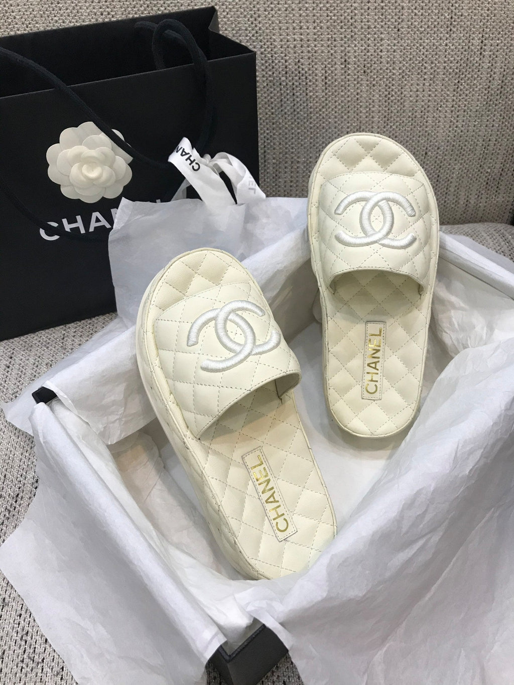 CC 2021 Logo Mules Ivory Quilted Lambskin 688659