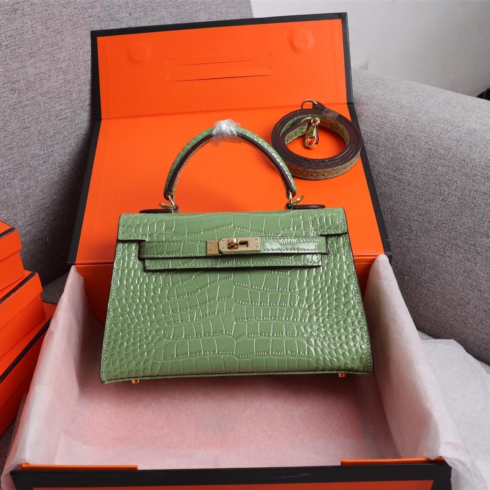 HM KELLY MINI 19 PICKLE CROCODILE EMBOSSED CALFSKIN GOLD HARDWARE