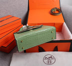 HM KELLY MINI 22 PICKLE CROCODILE EMBOSSED CALFSKIN GOLD HARDWARE