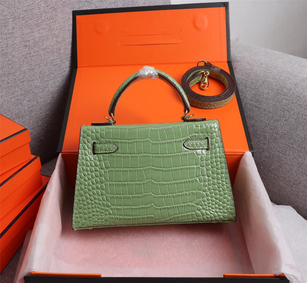HM KELLY MINI 22 PICKLE CROCODILE EMBOSSED CALFSKIN GOLD HARDWARE