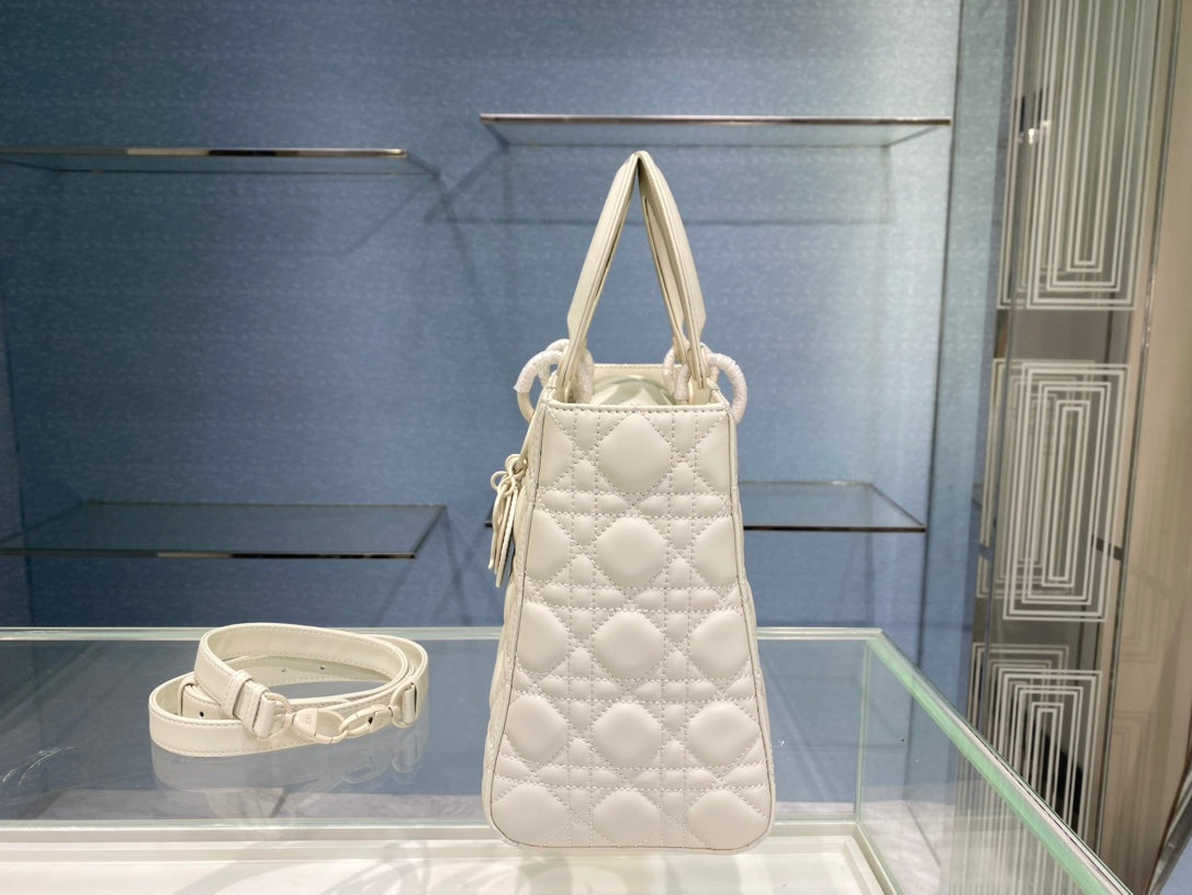 medium lady 24 matte white calfskin matte white hardware