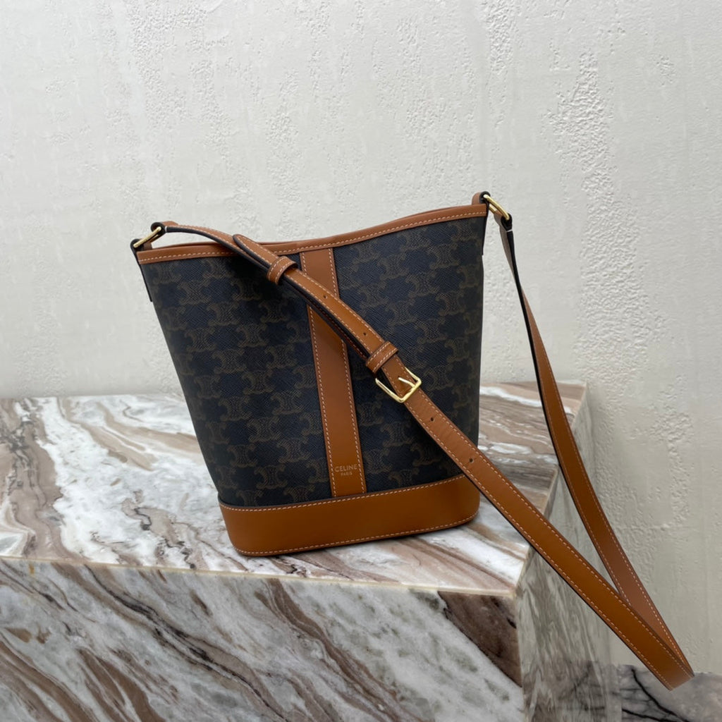 Celine Medium Bucket Bag In Triomphe Canvas With Calfskin