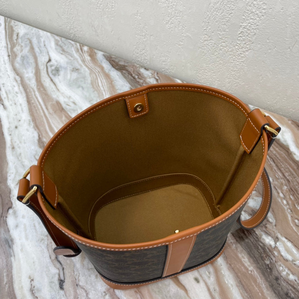 Celine Medium Bucket Bag In Triomphe Canvas With Calfskin