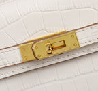 HM KELLY MINI 22 WHITE CROCODILE EMBOSSED CALFSKIN GOLD HARDWARE