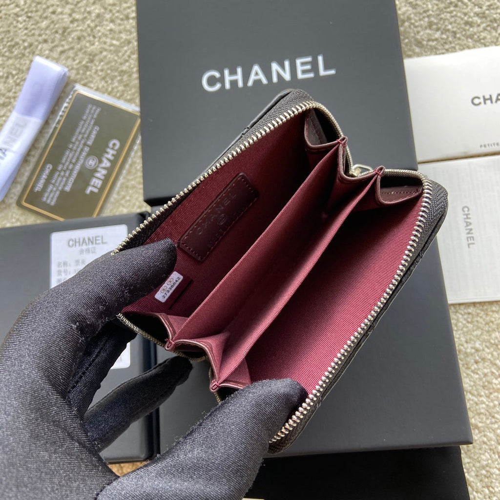 CC Classic Zipper Card Holder Black Sheepskin Silver Steel 229632
