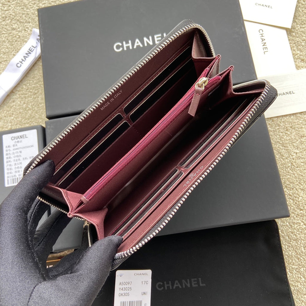 CC A50097 Classic Zipper Wallet Black Lambskin Sliver Steel 229660