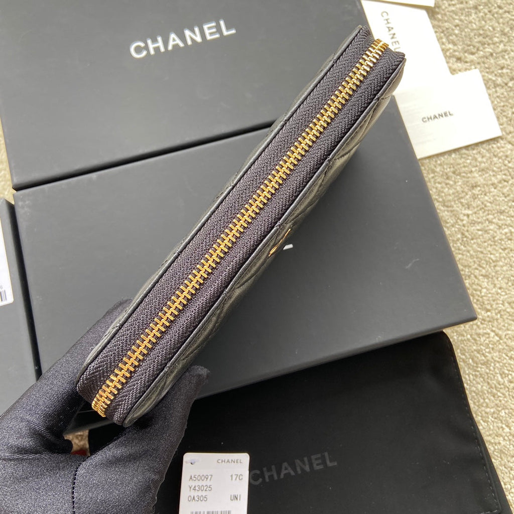 CC A50097 Classic Zipper Wallet Black Lambskin GHW 229662