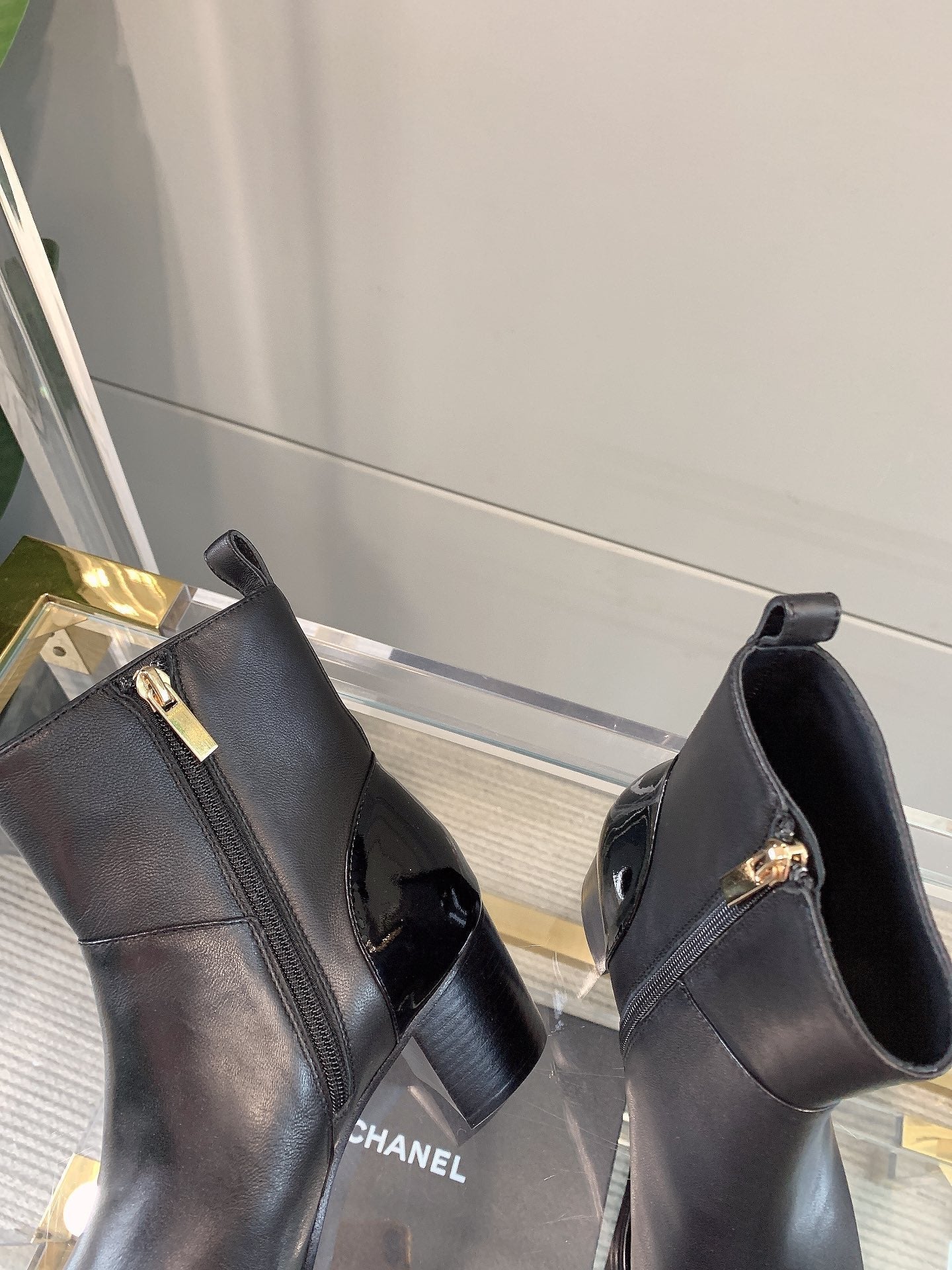 CC Block Heel Ankle Boots 60mm Black Patent Leather Sheeepskin 464554