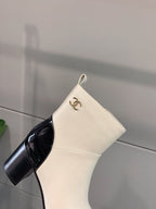 CC Block Heel Ankle Boots 60mm Black White Patent Leather Sheeepskin 464556
