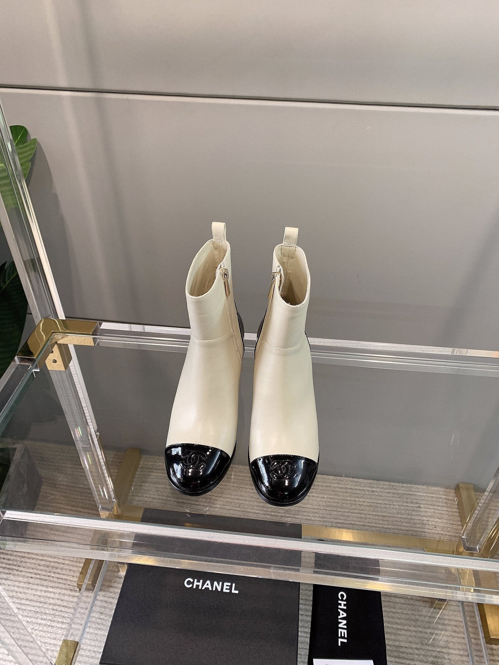 CC Block Heel Ankle Boots 60mm Black White Patent Leather Sheeepskin 464556