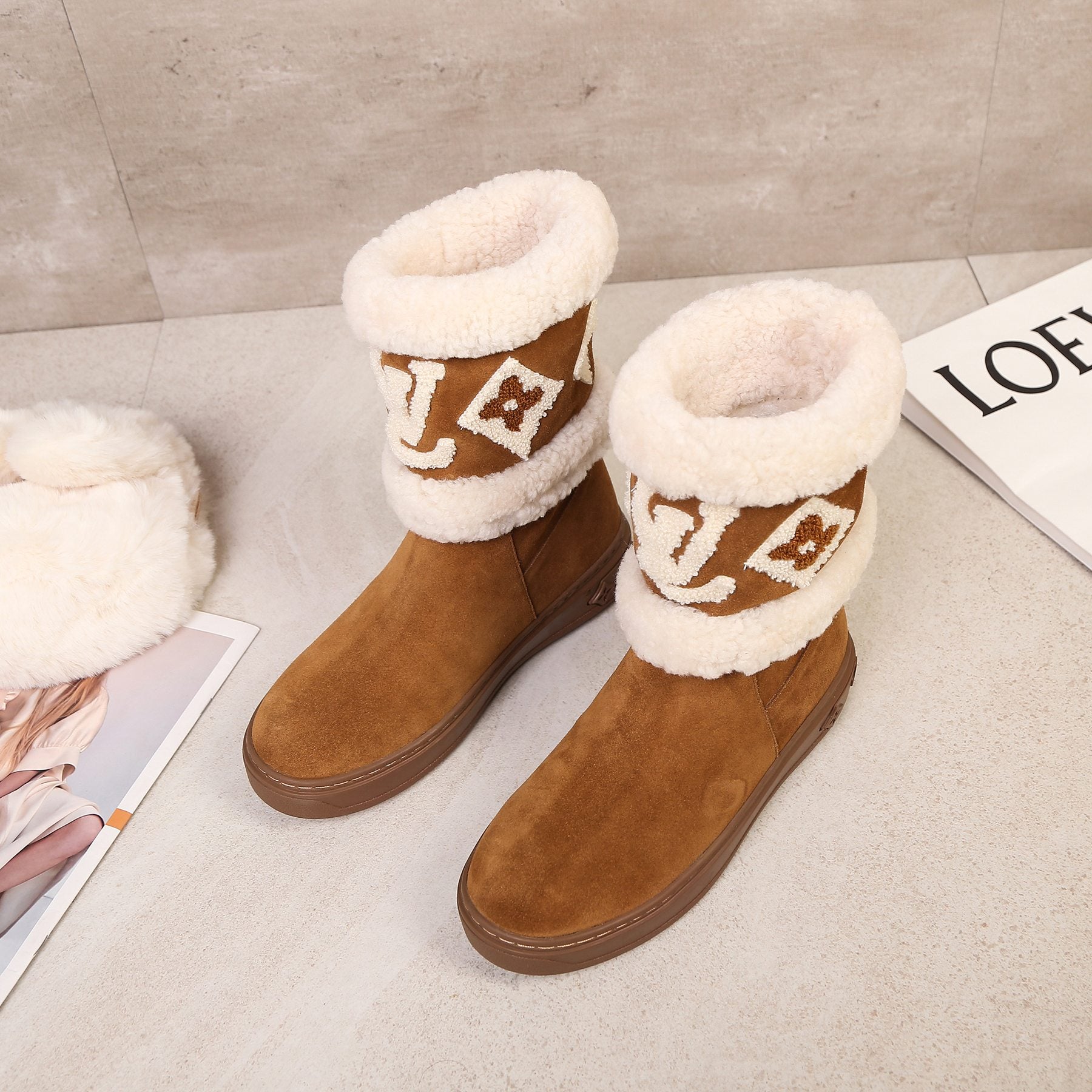 LV Snowdrop Line Ankle Boots Brown White Suede Wool 454719
