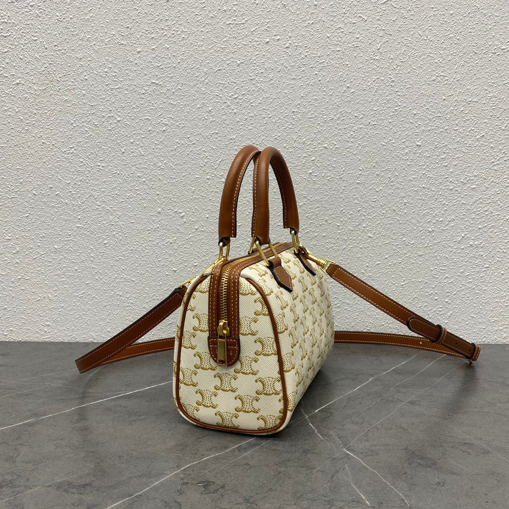 Celine Small Boston Bag Triomphe Beige Brown Canvas & Calfskin