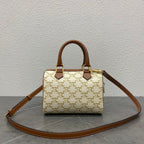 Celine Small Boston Bag Triomphe Beige Brown Canvas & Calfskin