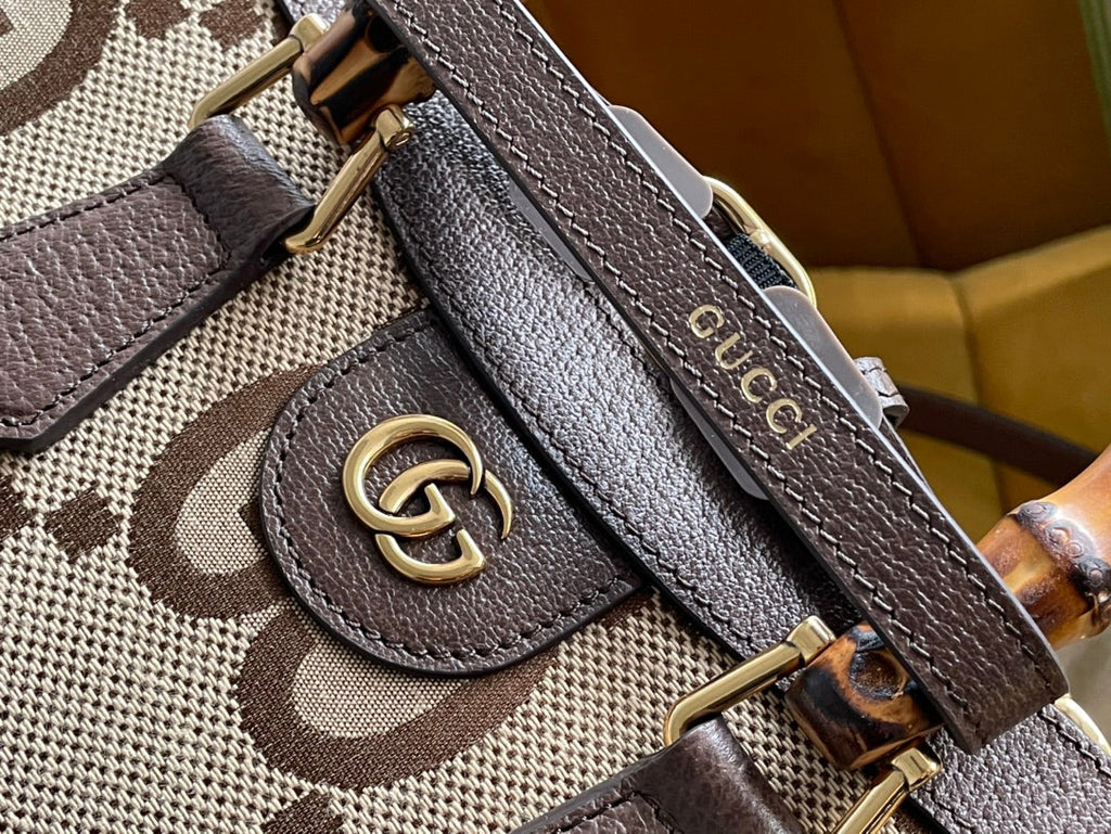GG DIANA 27 MINI TOTE BAG IN BEIGE CANVAS AND BROWN CALFSKIN