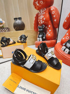 LV Academy Flat Sandal Black White Cowhide