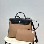 Herbag 31 Toile Brown Canvas Black Cowhide Leather