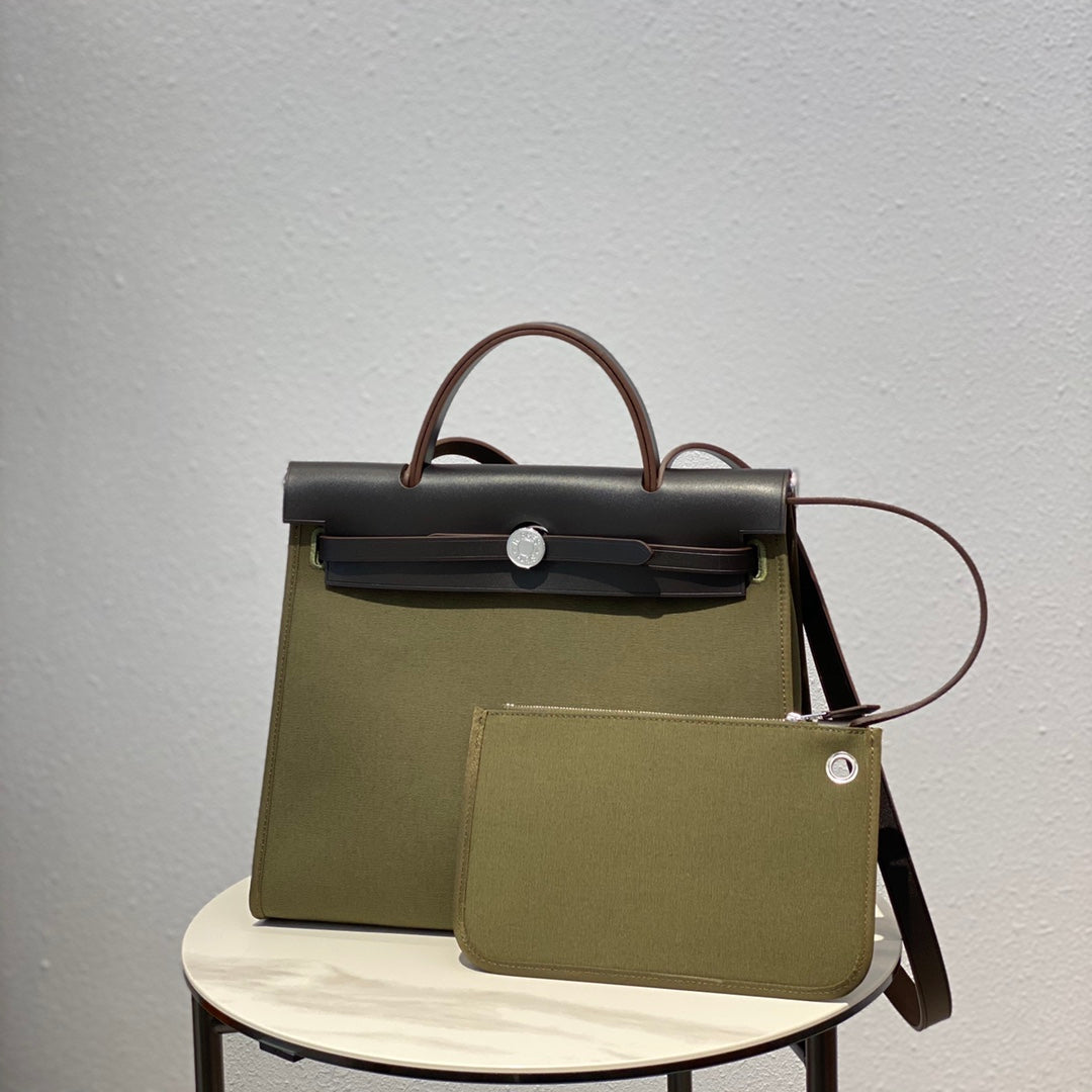 Herbag 31 Toile Olive Canvas Black Cowhide Leather