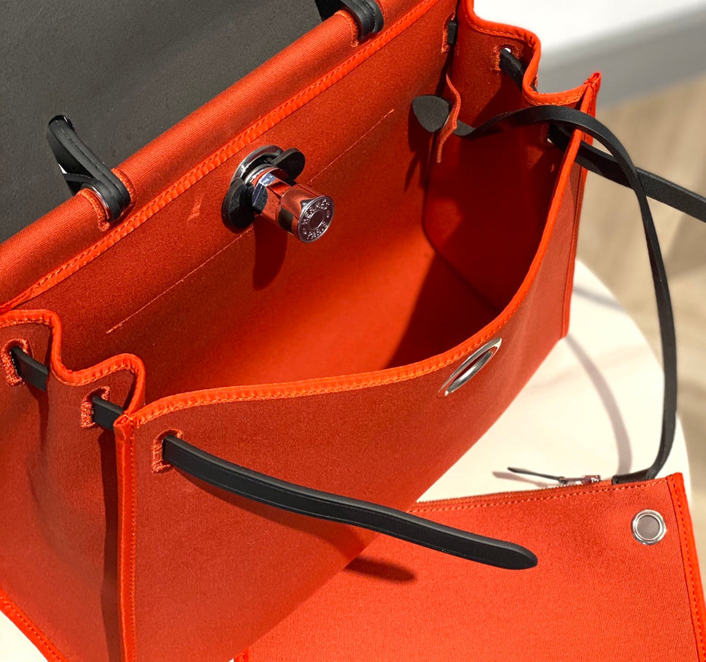 Herbag 31 Toile Red Orange Canvas Black Cowhide Leather