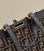 FENDI TOTE 41 BAG IN BROWN MIX BLACK MONOGRAM CANVAS GOLD HARDWARE