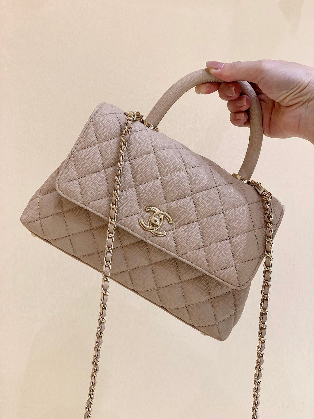 CC Coco Hanle Small 23cm Light Beige Grained Calfskin Gold Hardware