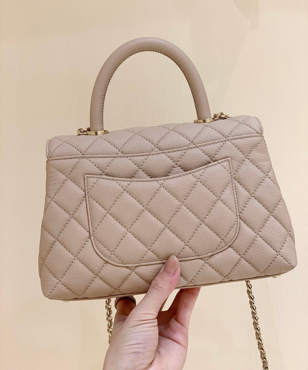 CC Coco Hanle Small 23cm Light Beige Grained Calfskin Gold Hardware