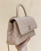 CC Coco Hanle Small 23cm Light Beige Grained Calfskin Gold Hardware