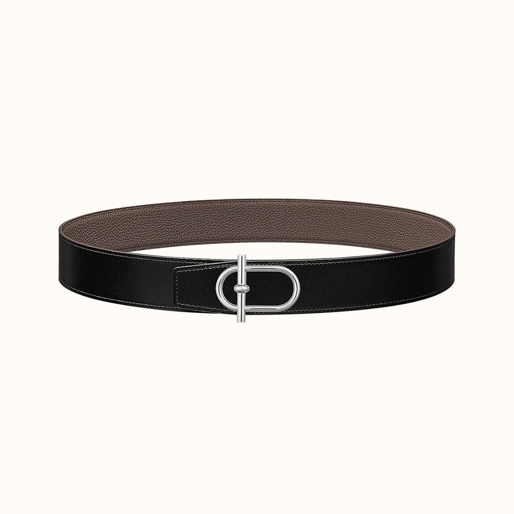 HM ITHAQUE BELT SILVER BUCKLE & REVERSIBLE CAMEL BROWN AND BLACK LEATHER STRAP 38MM