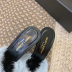 LA 16 HEELED MULES IN SKY BLUE RABBIT FUR AND SMOOTH LAMBSKIN